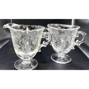 Fostoria USA Heather Etched Design Cream & Sugar Detail  Nice Pedestal 4” high